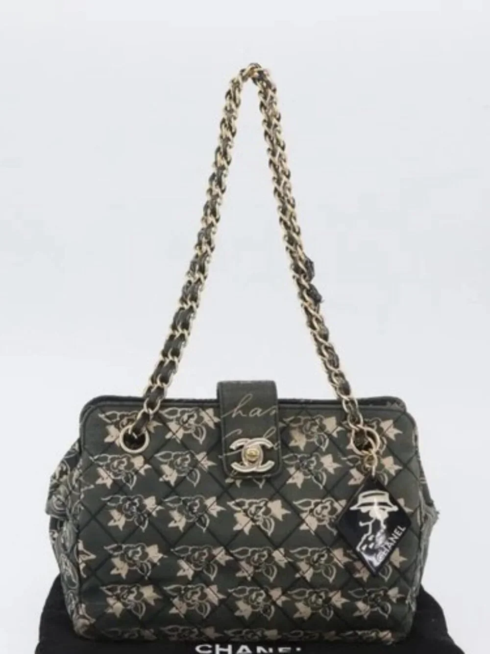 CHANEL Matelasse Chain Shoulder Bag Nylon Green Gold CC Auth ARZ394A